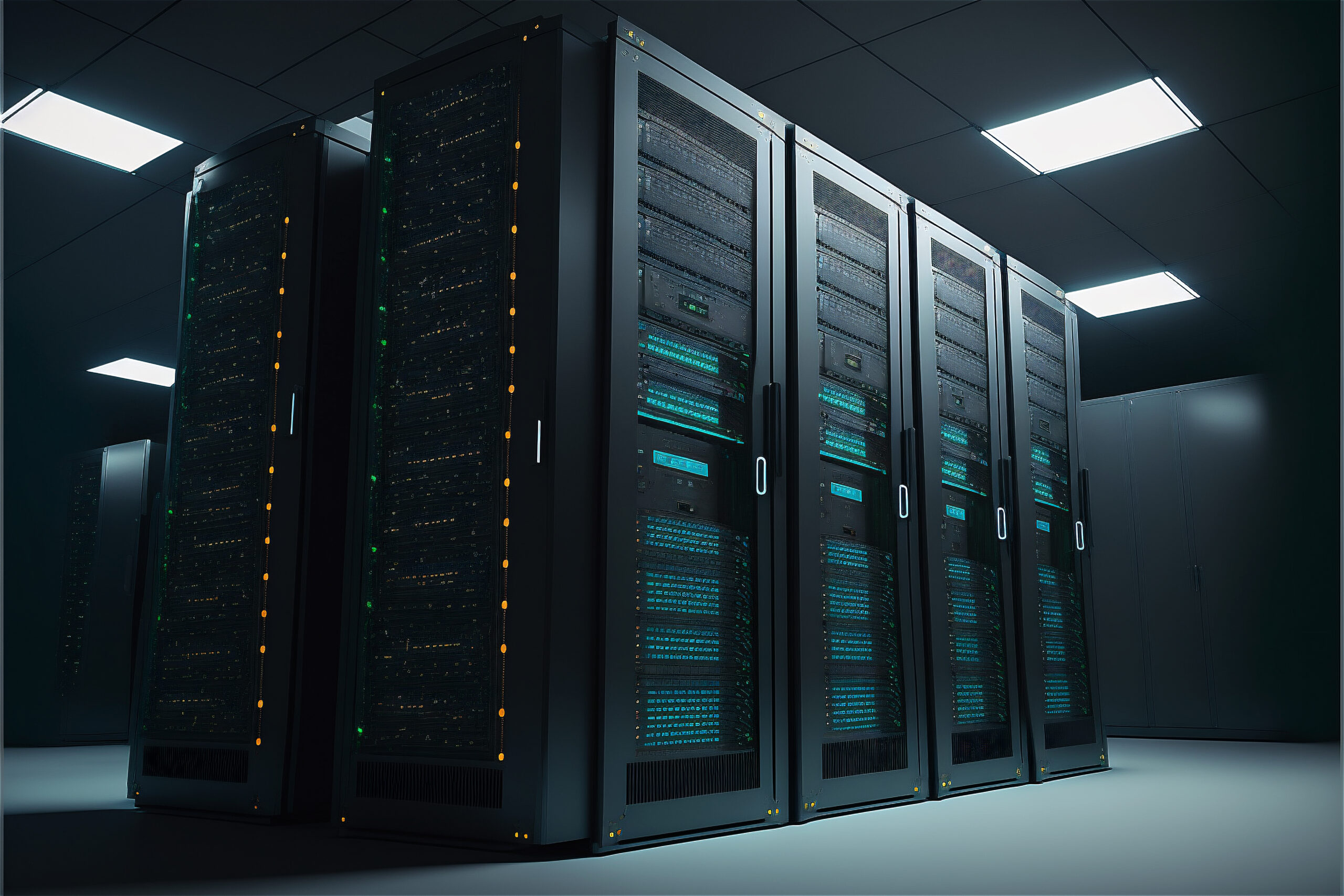 Mainframe Devices Racks Room With Big Data Cyber Internet Content Neon Light Cloud Computing Server Cabinet Modern Communication Storage Hardware System Scaled 1